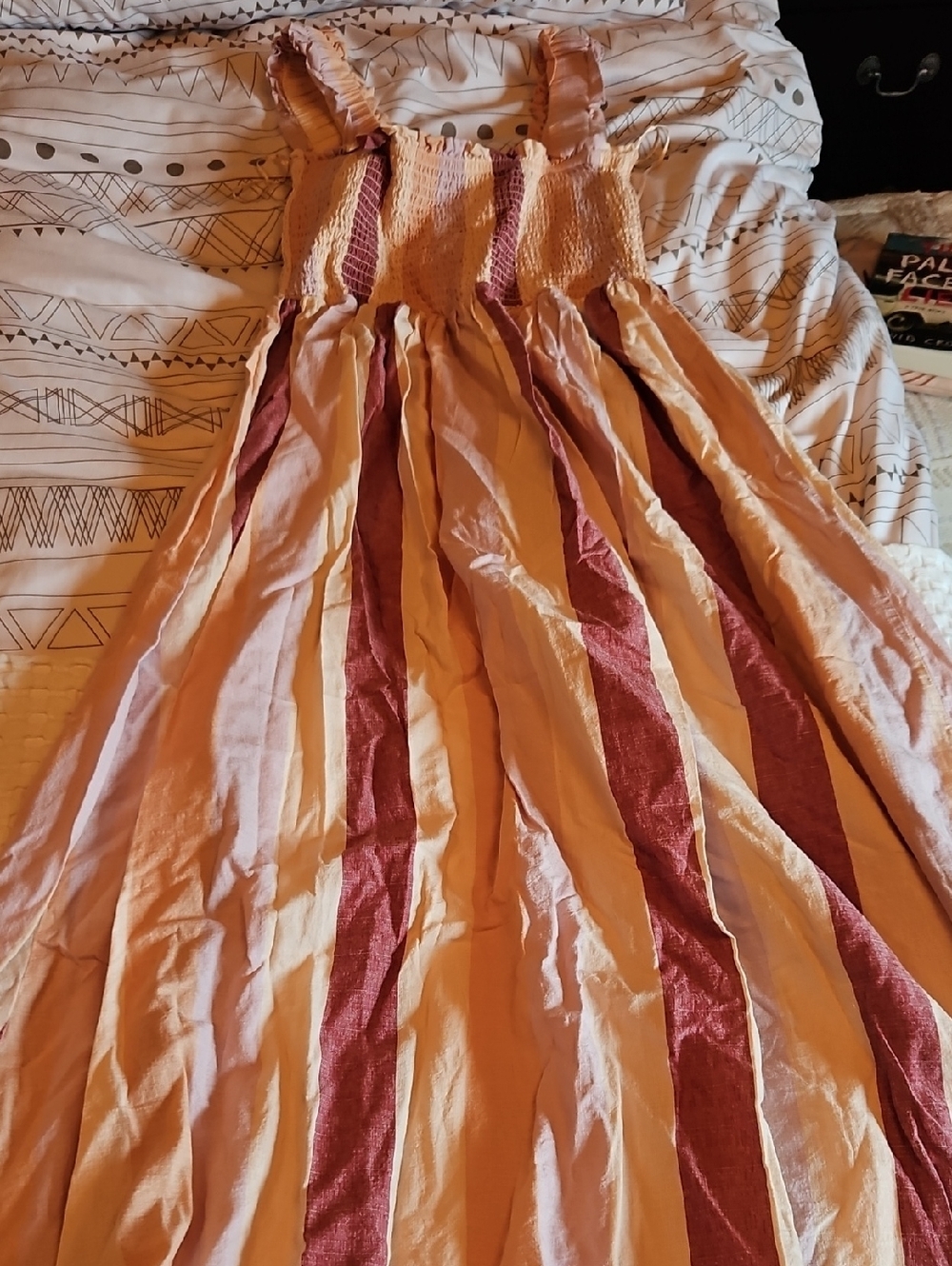 Smocked Maxi Sundress with Peach and Burgundy Stripes Size 8